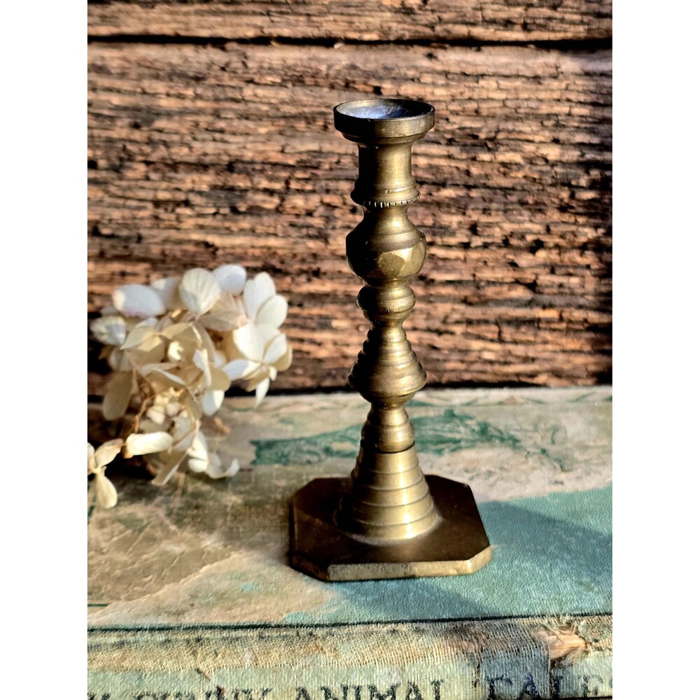 Vintage Small Brass Mini Candle Holder – Primitive Rustic Décor, Tiny Taper Hold